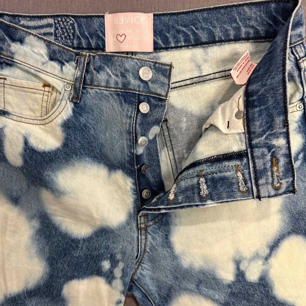 Revice Denim Jeans 29 Blue Cloud Wash Bleach Straight Leg Festival Altered Crop - Picture 3 of 10